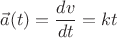 $$ \vec{a}(t) = \frac{dv}{dt} = kt$$
