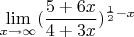 \[
\mathop {\lim }\limits_{x \to \infty } (\frac{{5 + 6x}}{{4 + 3x}})^{\frac{1}{2} - x} 
\]