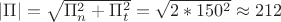 $|\Pi|=\sqrt{\Pi_{n}^2+\Pi_{t}^2}=\sqrt{2*150^2} \approx 212$