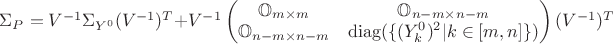 $\Sigma_{P}=V^{-1}\Sigma_{Y^0}(V^{-1})^T+V^{-1}
\left(\begin{matrix}\mathbb{O}_{m\times m} & \mathbb{O}_{n-m\times n-m}\\
\mathbb{O}_{n-m\times n-m} & \operatorname{diag}(\{(Y^0_k)^2|k\in[m,n]\})\end{matrix}\right)
(V^{-1})^T$