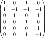 $$\begin{pmatrix}1 & 0 & 1 & 0\\1 & -1 & -1 & -1\\ 0 & 1 & 0 & 1 \\0 & 0 & 1 & 0 \\0 & 0 & 0 & 1 \\0 & 0 & 1 & -1 }\end{pmatrix}$$