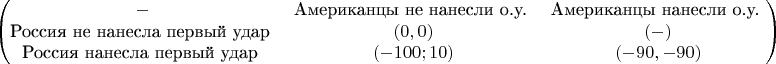 $$\begin{pmatrix}
- & ${Американцы не нанесли о.у.} & ${Американцы нанесли о.у.} \\
${Россия не нанесла первый удар} & (0,0) & (-) \\
${Россия нанесла первый удар} & (-100;10) & (-90,-90) 
\end{pmatrix}$$