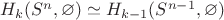 $H_k(S^n,\varnothing)\simeq H_{k-1}(S^{n-1},\varnothing)$