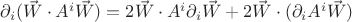 $\partial_i(\vec{W} \cdot A^i\vec{W})=2\vec{W} \cdot A^i\partial_i\vec{W}+2\vec{W} \cdot (\partial_i A^i\vec{W})$