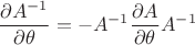 $$\frac{\partial A^{-1}}{\partial\theta}=-A^{-1}\frac{\partial A}{\partial \theta}A^{-1}$$