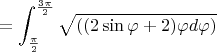 $$ =\int_ \frac{\pi}{2}^\frac{3\pi}{2} \sqrt{{((2\sin\varphi +{2})\varphi d \varphi)}}$$