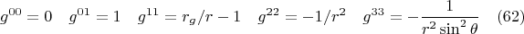 $$g^{00}=0\quad g^{01}=1 \quad g^{11}=r_g/r-1 \quad g^{22}=-1/r^2 \quad g^{33}=-\frac{1}{r^2\sin^2{\theta}}\quad(62)$$