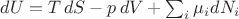 $dU=T\,dS-p\,dV+\sum_i \mu_i dN_i$