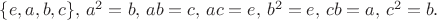 $\{e,a,b,c\},$ $a^{2}=b,$ $ab=c,$ $ac=e,$ $b^{2}=e,$ $cb=a,$ $c^{2}=b .$