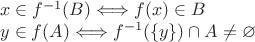 $$\begin{array}{l}x\in f^{-1}(B)\Longleftrightarrow f(x)\in B \\ y\in f(A)\Longleftrightarrow f^{-1}(\{y\})\cap A\ne\varnothing\end{array}$$