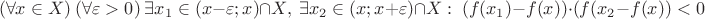 $$(\forall x\in X)\ (\forall \varepsilon>0)\ \exists x_1\in(x-\varepsilon;x)\cap X,\ \exists x_2\in(x;x+\varepsilon)\cap X:\ (f(x_1)-f(x))\cdot(f(x_2-f(x))<0$$