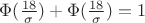 $\Phi(\frac {18}{\sigma})+\Phi(\frac {18}{\sigma})=1 $