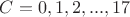 $C = 0,1,2,...,17$