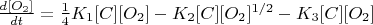 $\frac{d[O_2]}{dt} = \frac{1}{4}K_1[C][O_2] - K_2[C][O_2]^{1/2} - K_3[C][O_2]$