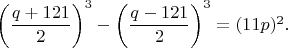 $\left ( \dfrac{q+121}{2} \right )^3-\left ( \dfrac{q-121}{2} \right )^3=(11p)^2.$