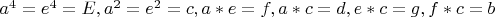 $a^4=e^4=E, a^2=e^2=c, a*e=f, a*c=d, e*c=g, f*c=b$