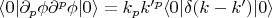 $\langle 0 \rvert \partial_p \phi \partial^p \phi \lvert 0 \rangle=k_p k'^p \langle 0 \rvert \delta(k-k') \lvert 0 \rangle$