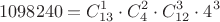 $$1098240 = C_{13} ^1\cdot C_4^2 \cdot C_{12} ^3 \cdot 4^3$$