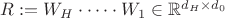$R := W_H \cdot \dots \cdot W_1 \in \mathbb{R}^{d_H \times d_0}$