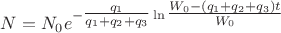 $N = {N_0}{e^{ - \tfrac{{{q_1}}}{{{q_1} + {q_2} + {q_3}}}\ln \tfrac{{{W_0} - ({q_1} + {q_2} + {q_3})t}}{{{W_0}}}}}$
