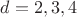 $d = 2, 3, 4$
