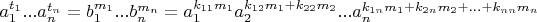 $a_1^{t_1}...a_n^{t_n}=b_1^{m_1}...b_n^{m_n}=a_1^{k_{1 1} m_1} a_2^{k_{1 2} m_1+k_{2 2} m_2}...a_n^{k_{1 n} m_1+k_{2 n} m_2+...+k_{n n} m_n}$