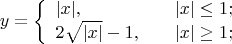 $$y=\left\{\begin{array}{ll}
|x|,\quad&|x|\le 1;\\
2\sqrt{|x|}-1,\quad&|x|\ge 1;
\end{array}\right.$$