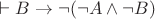 $\vdash B\to\neg(\neg A\wedge\neg B)$