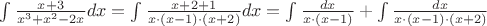 $\[
\int {\frac{{x + 3}}{{x^3  + x^2  - 2x}}} dx = \int {\frac{{x + 2 + 1}}{{x \cdot (x - 1) \cdot (x + 2)}}} dx = \int {\frac{{dx}}{{x \cdot (x - 1)}}}  + \int {\frac{{dx}}{{x \cdot (x - 1) \cdot (x + 2)}}} 
\]$