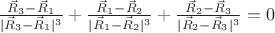$\frac{\vec R_3-\vec R_1}{|\vec R_3-\vec R_1|^3}+\frac{\vec R_1-\vec R_2}{|\vec R_1-\vec R_2|^3}+\frac{\vec R_2-\vec R_3}{|\vec R_2-\vec R_3|^3}=0$