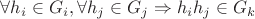$\forall h_i \in G_i, \forall h_j \in G_j \Rightarrow h_i h_j \in G_k$