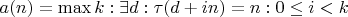 $a(n) = \max k: \exists d: \tau(d + in) = n: 0 \le i < k$