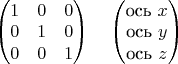 $\begin{pmatrix}
1 & 0 & 0 \\
0 & 1 & 0 \\
0 & 0 & 1 
\end{pmatrix}\quad
\begin{pmatrix}
\text{ось $x$}\\
\text{ось $y$}\\
\text{ось $z$} 
\end{pmatrix}$
