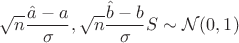 $\sqrt n \dfrac{\hat a - a}{\sigma}, \sqrt n \dfrac{\hat b - b}{\sigma} S \sim \mathcal N(0, 1)$
