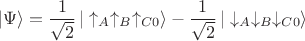 $$|\Psi \rangle=\dfrac{1}{\sqrt{2}}\,|\uparrow_{A}\uparrow_{B}\uparrow_{C0}\rangle - \dfrac{1}{\sqrt{2}}\,|\downarrow_{A}\downarrow_{B}\downarrow_{C0}\rangle $$