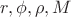$r, \phi, \rho ,M$
