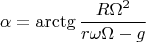 $$\alpha=\arctg{\frac{R\Omega^2}{r\omega\Omega-g}}$$