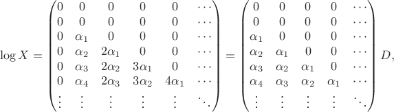 $$\log X=\left( \begin{matrix}
   0 & 0 & 0 & 0 & 0 & \cdots   \\
   0 & 0 & 0 & 0 & 0 & \cdots   \\
   0 & {{\alpha }_{1}} & 0 & 0 & 0 & \cdots   \\
   0 & {{\alpha }_{2}} & 2{{\alpha }_{1}} & 0 & 0 & \cdots   \\
   0 & {{\alpha }_{3}} & 2{{\alpha }_{2}} & 3{{\alpha }_{1}} & 0 & \cdots   \\
   0 & {{\alpha }_{4}} & 2{{\alpha }_{3}} & 3{{\alpha }_{2}} & 4{{\alpha }_{1}} & \cdots   \\
   \vdots  & \vdots  & \vdots  & \vdots  & \vdots  & \ddots   \\
\end{matrix} \right)=\left( \begin{matrix}
   0 & 0 & 0 & 0 & \cdots   \\
   0 & 0 & 0 & 0 & \cdots   \\
   {{\alpha }_{1}} & 0 & 0 & 0 & \cdots   \\
   {{\alpha }_{2}} & {{\alpha }_{1}} & 0 & 0 & \cdots   \\
   {{\alpha }_{3}} & {{\alpha }_{2}} & {{\alpha }_{1}} & 0 & \cdots   \\
   {{\alpha }_{4}} & {{\alpha }_{3}} & {{\alpha }_{2}} & {{\alpha }_{1}} & \cdots   \\
   \vdots  & \vdots  & \vdots  & \vdots  & \ddots   \\
\end{matrix} \right)D,$$