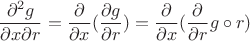 $$\frac{\partial^{2}g}{\partial x\partial r}=\frac{\partial}{\partial x}(\frac{\partial g}{\partial r})=\frac{\partial}{\partial x}(\frac{\partial}{\partial r}g\circ r)$$