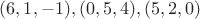 $А(6,1,-1), В(0,5,4), С(5,2,0)$