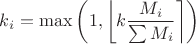 $k_i=\max \left(1, \left\lfloor k\dfrac{M_i}{\sum M_i} \right\rceil \right)$