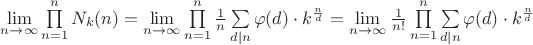 $% MathType!MTEF!2!1!+-
% feaagKart1ev2aaatCvAUfeBSjuyZL2yd9gzLbvyNv2CaerbuLwBLn
% hiov2DGi1BTfMBaeXatLxBI9gBaerbd9wDYLwzYbItLDharqqtubsr
% 4rNCHbGeaGqipv0Je9sqqrpepC0xbbL8F4rqqrFfpeea0xe9Lq-Jc9
% vqaqpepm0xbba9pwe9Q8fs0-yqaqpepae9pg0FirpepeKkFr0xfr-x
% fr-xb9adbaqaaeGaciGaaiaabeqaamaabaabaaGcbaWaaCbeaeaaci
% GGSbGaaiyAaiaac2gaaSqaaiaad6gacqGHsgIRcqGHEisPaeqaaOWa
% aebCaeaacaWGobWaaSbaaSqaaiaadUgaaeqaaOGaaiikaiaad6gaca
% GGPaaaleaacaWGUbGaeyypa0JaaGymaaqaaiaad6gaa0Gaey4dIuna
% kiabg2da9maaxababaGaciiBaiaacMgacaGGTbaaleaacaWGUbGaey
% OKH4QaeyOhIukabeaakmaarahabaWaaSaaaeaacaaIXaaabaGaamOB
% aaaadaaeqbqaaiabeA8aQjaacIcacaWGKbGaaiykaiabgwSixlaadU
% gadaahaaWcbeqaamaalaaabaGaamOBaaqaaiaadsgaaaaaaaqaaiaa
% dsgacaGG8bGaamOBaaqab0GaeyyeIuoaaSqaaiaad6gacqGH9aqpca
% aIXaaabaGaamOBaaqdcqGHpis1aOGaeyypa0ZaaCbeaeaaciGGSbGa
% aiyAaiaac2gaaSqaaiaad6gacqGHsgIRcqGHEisPaeqaaOWaaSaaae
% aacaaIXaaabaGaamOBaiaacgcaaaWaaebCaeaadaaeqbqaaiabeA8a
% QjaacIcacaWGKbGaaiykaiabgwSixlaadUgadaahaaWcbeqaamaala
% aabaGaamOBaaqaaiaadsgaaaaaaaqaaiaadsgacaGG8bGaamOBaaqa
% b0GaeyyeIuoaaSqaaiaad6gacqGH9aqpcaaIXaaabaGaamOBaaqdcq
% GHpis1aaaa!84DC!
\[\mathop {\lim }\limits_{n \to \infty } \prod\limits_{n = 1}^n {{N_k}(n)}  = \mathop {\lim }\limits_{n \to \infty } \prod\limits_{n = 1}^n {\frac{1}{n}\sum\limits_{d|n} {\varphi (d) \cdot {k^{\frac{n}{d}}}} }  = \mathop {\lim }\limits_{n \to \infty } \frac{1}{{n!}}\prod\limits_{n = 1}^n {\sum\limits_{d|n} {\varphi (d) \cdot {k^{\frac{n}{d}}}} } \]$