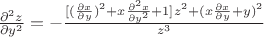 $\frac {\partial^2z}{\partial y^2}=-\frac{[(\frac {\partial x}{\partial y})^2+x\frac {\partial^2x}{\partial y^2}+1]z^2+(x\frac {\partial x}{\partial y}+y)^2}{z^3}$