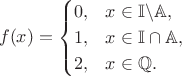 $$ f(x) = \begin{cases}
0, & x\in \mathbb I \backslash \mathbb A, \\
1, & x\in \mathbb I \cap \mathbb A, \\
2, & x \in  \mathbb Q.
\end{cases} $$