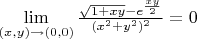 $\lim\limits_{(x,y) \to (0,0)} \frac{\sqrt{1 + xy} - e^{\frac{xy}{2}}}{(x^{2} + y^{2})^{2}} = 0$