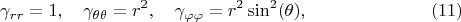 $$
\gamma_{r r} = 1, \quad \gamma_{\theta \theta} = r^2, 
\quad \gamma_{\varphi \varphi} = r^2 \sin^2(\theta), \eqno(11)
$$