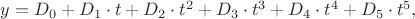 $y=D_0+D_1\cdot t+D_2\cdot t^2+D_3\cdot t^3+D_4\cdot t^4 +D_5\cdot t^5,$