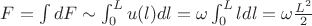$F =\int dF \sim \int_{0}^{L} u(l) dl = \omega \int_{0}^{L} l dl = \omega \frac{L^2}{2}$