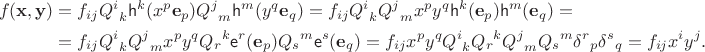 $$
\begin{align*}
f(\mathbf x, \mathbf y) &= f_{ij} {Q^i}_k  \mathsf h^k (x^p \mathbf e_p) {Q^j}_m  \mathsf h^m (y^q \mathbf e_q) = f_{ij} {Q^i}_k {Q^j}_m x^p y^q  \mathsf h^k(\mathbf e_p)  \mathsf h^m(\mathbf e_q) = \\
&= f_{ij} {Q^i}_k {Q^j}_m x^p y^q {Q_r}^k  \mathsf e^r (\mathbf e_p) {Q_s}^m  \mathsf e^s (\mathbf e_q) = f_{ij} x^p y^q {Q^i}_k {Q_r}^k {Q^j}_m {Q_s}^m {\delta^r}_p {\delta^s}_q = f_{ij} x^i y^j.
\end{align*}
$$