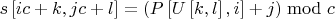 $s\left[ {ic + k,jc + l} \right] = \left( {P\left[ {U\left[ {k,l} \right],i} \right] + j} \right)\bmod c$